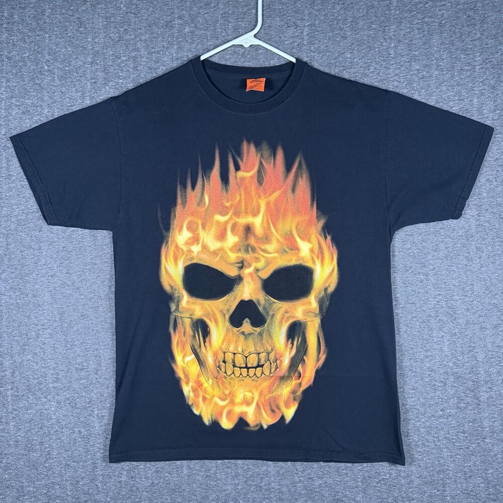 Happy Halloween Shirt Mens Large Black Flaming Skull Flames Graphic Horror Tee